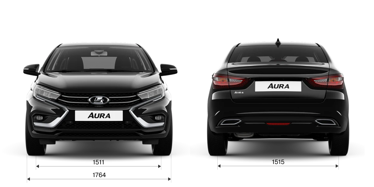Габариты LADA Aura спереди и сзади: ширина 1764 мм, колея 1511/1515 мм