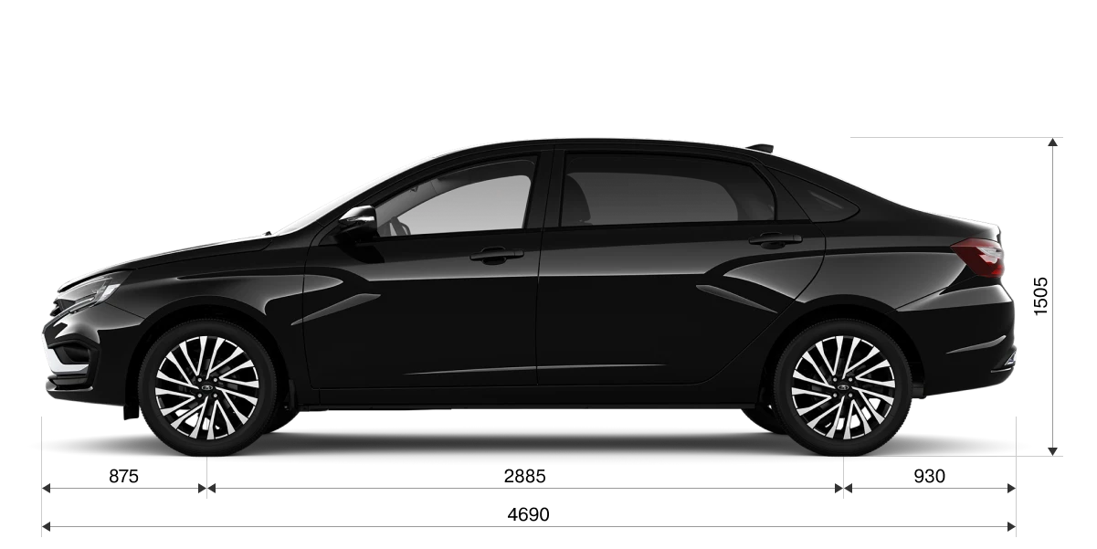 Габариты LADA Aura сбоку: длина 4690 мм, высота 1505 мм, колёсная база 2885 мм
