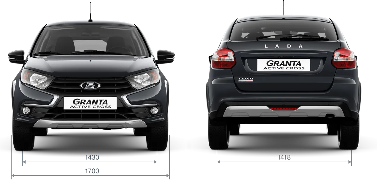 Габариты LADA Granta Active Cross спереди и сзади: ширина 1700 мм, колея 1430/1418 мм