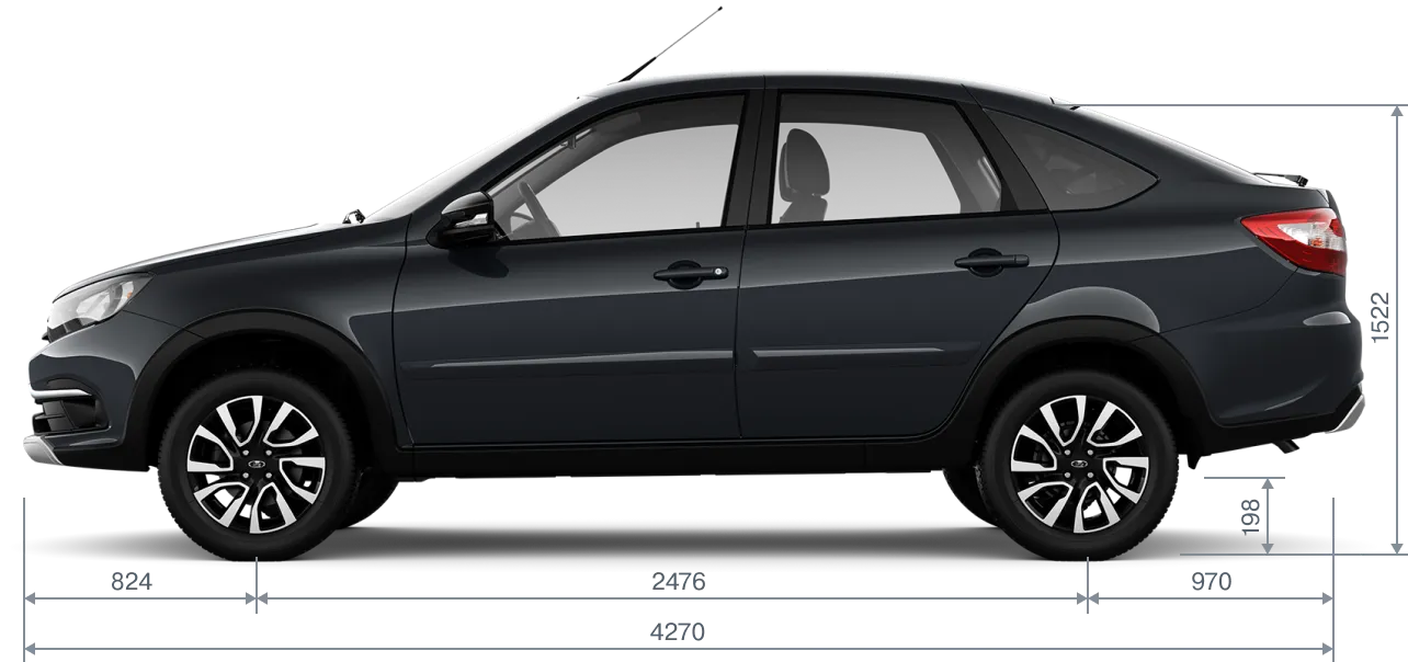 Габариты LADA Granta Active Cross сбоку: длина 4270 мм, высота 1522 мм, колёсная база 2476 мм, клиренс 198 мм