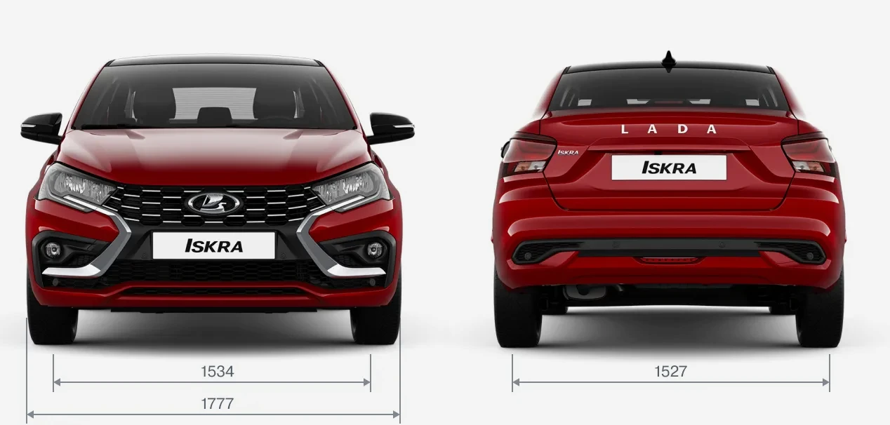 Габариты LADA Iskra седан спереди и сзади: ширина 1777 мм, колея 1534/1527 мм