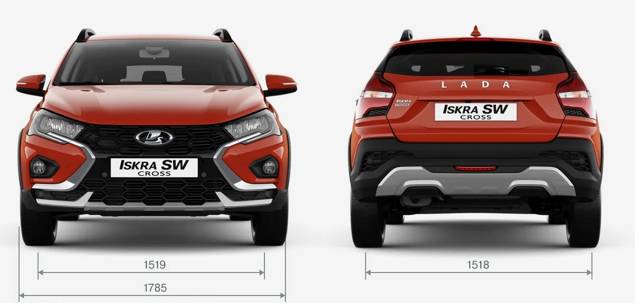 Габариты LADA Iskra SW Cross (кросс-универсал) спереди и сзади: ширина 1785 мм, колея 1519/1518 мм