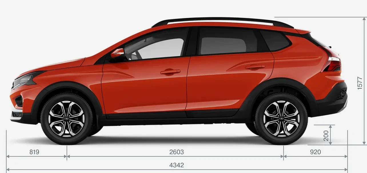 Габариты LADA Iskra SW Cross (кросс-универсал) сбоку: длина 4342 мм, высота 1577 мм, колёсная база 2603 мм, клиренс 200 мм