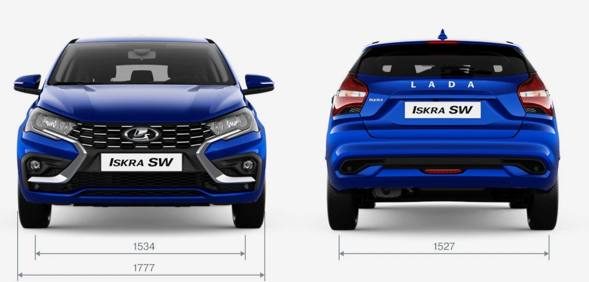 Габариты LADA Iskra SW (универсал) спереди и сзади: ширина 1777 мм, колея 1534/1527 мм
