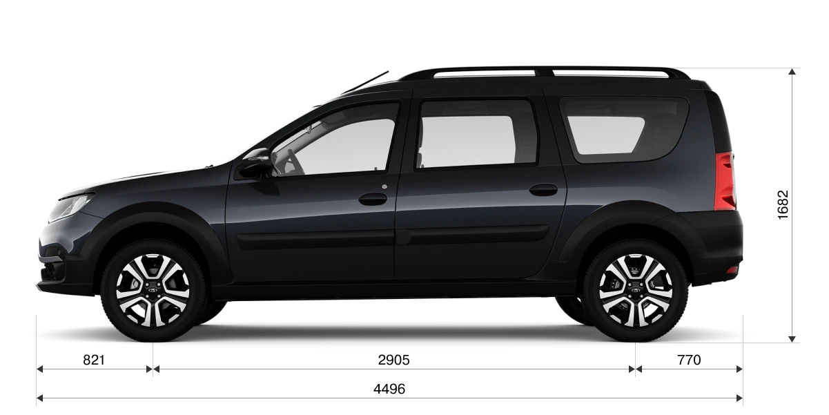 Габариты LADA Largus Cross сбоку: длина 4496 мм, высота 1682 мм, колёсная база 2905 мм, клиренс 200 мм
