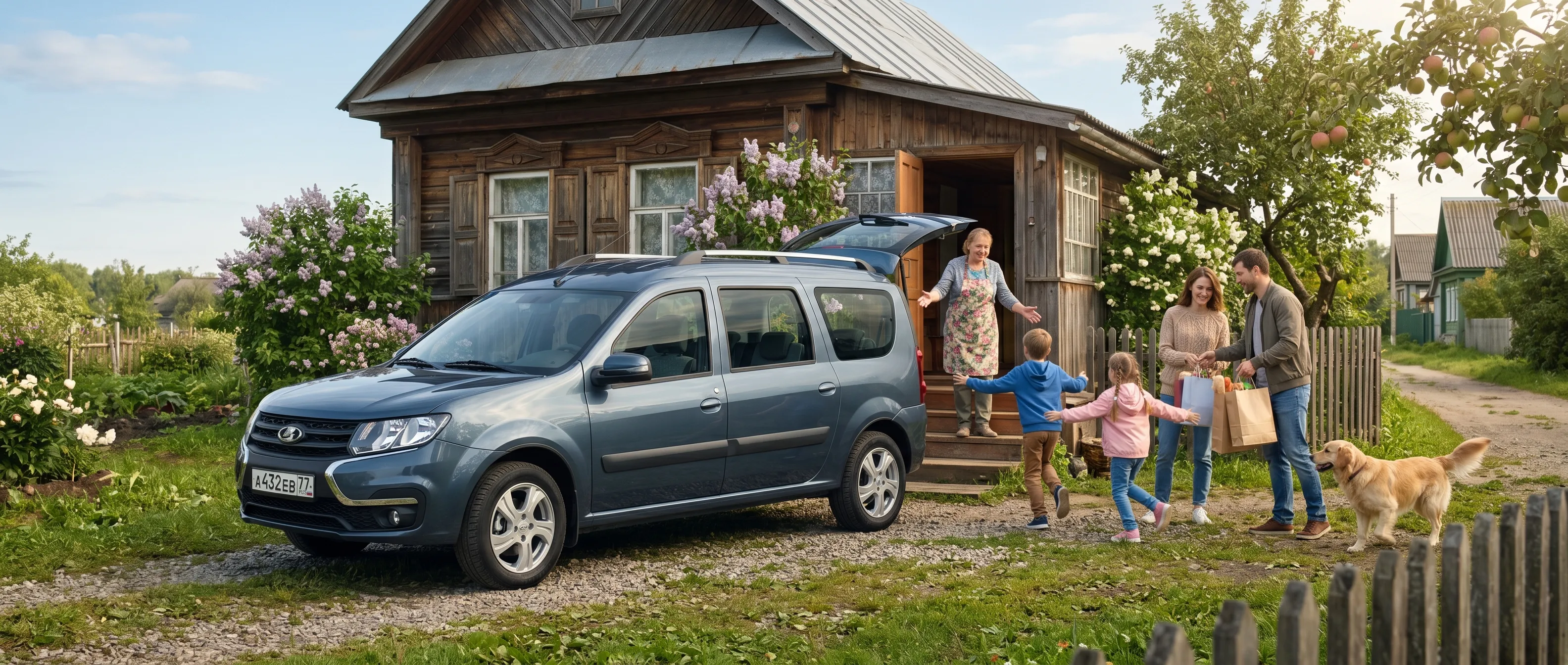 LADA Largus Universal серо-синий у деревенского дома с семьёй