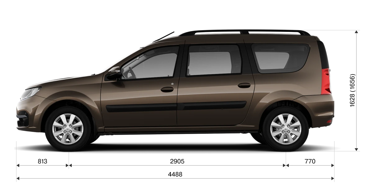 Габариты LADA Largus Universal сбоку: длина 4488 мм, высота 1628 мм, колёсная база 2905 мм