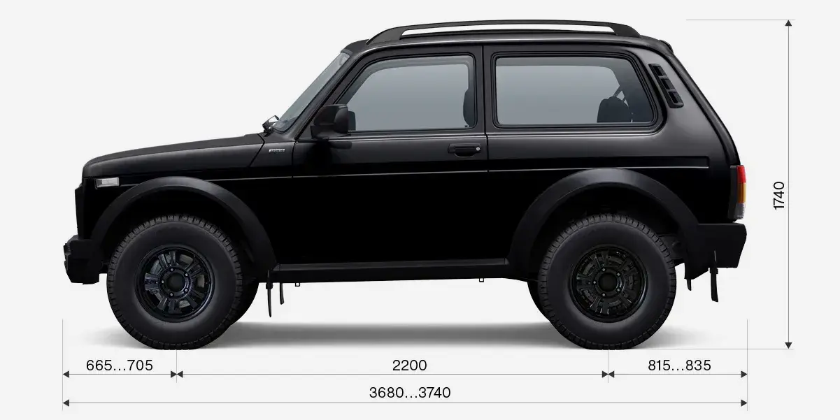 Габариты LADA Niva Bronto сбоку: длина 3680-3740 мм, высота 1740 мм, колёсная база 2200 мм