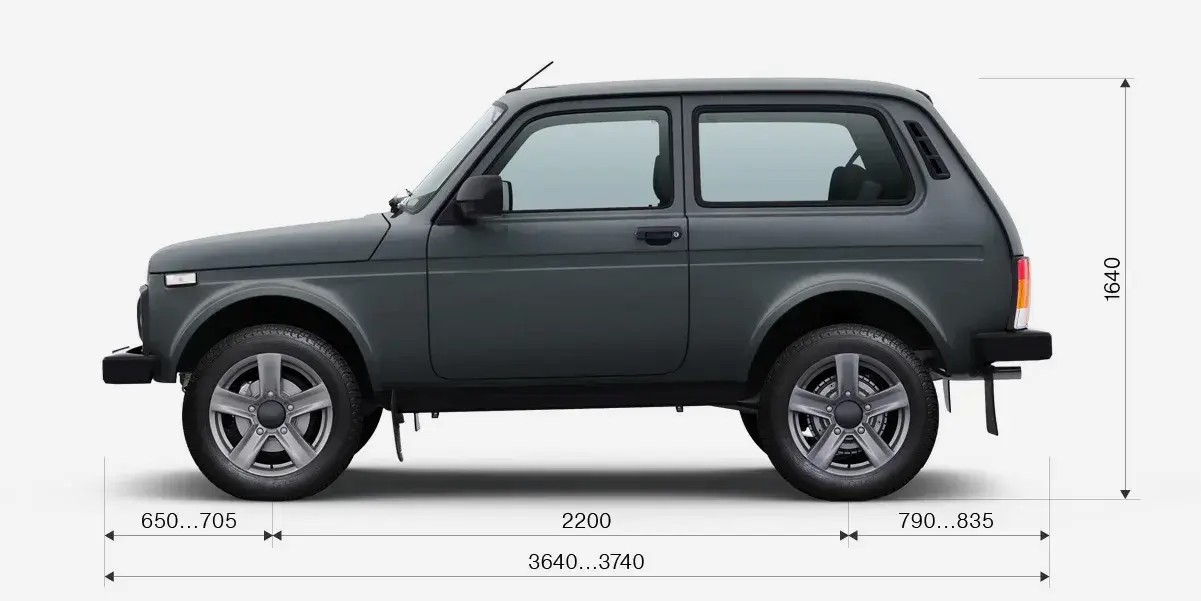 Габариты LADA Niva Legend 3-дв сбоку: длина 3640-3740 мм, высота 1640 мм, колёсная база 2200 мм
