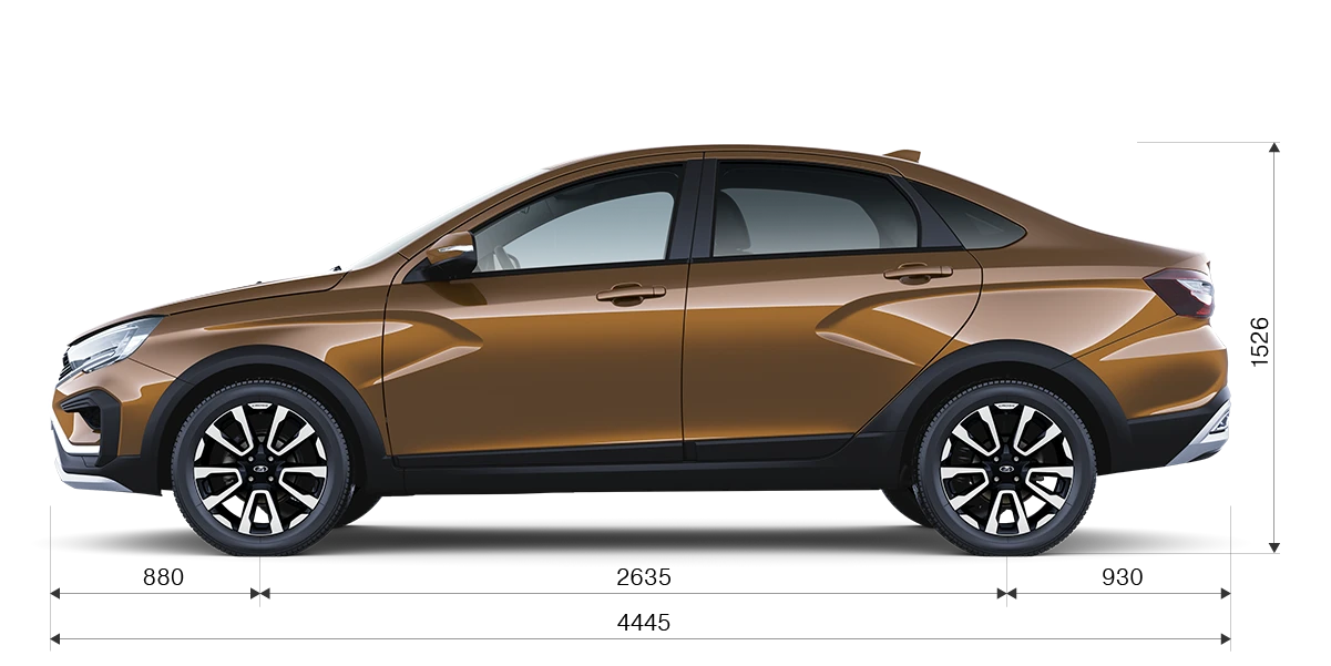 Габариты LADA Vesta Cross сбоку: длина 4445 мм, высота 1526 мм, колёсная база 2635 мм