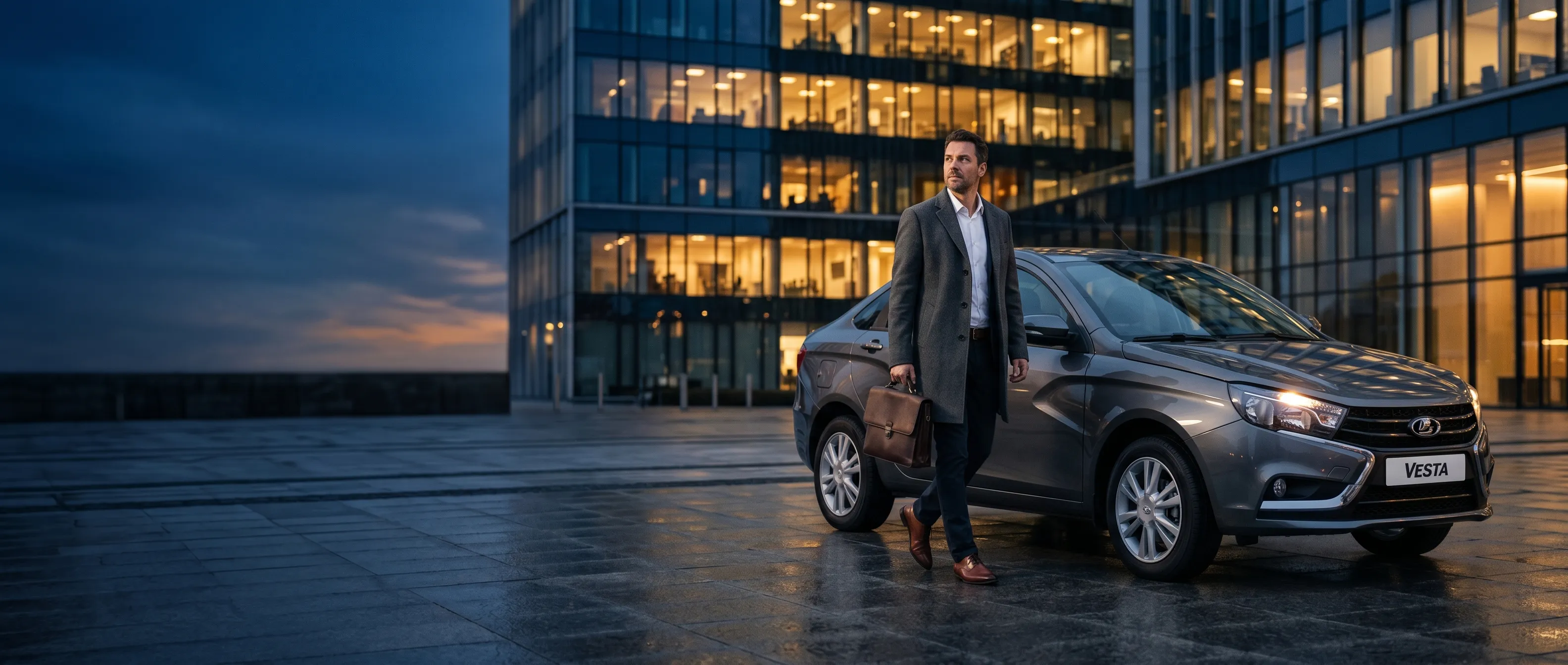 LADA Vesta седан серый на площади у делового центра в сумерках
