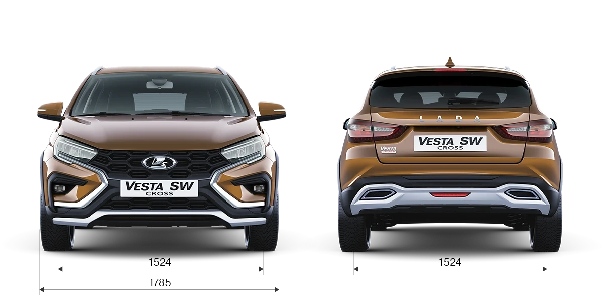 Габариты LADA Vesta SW Cross спереди и сзади: ширина 1785 мм, колея 1524 мм