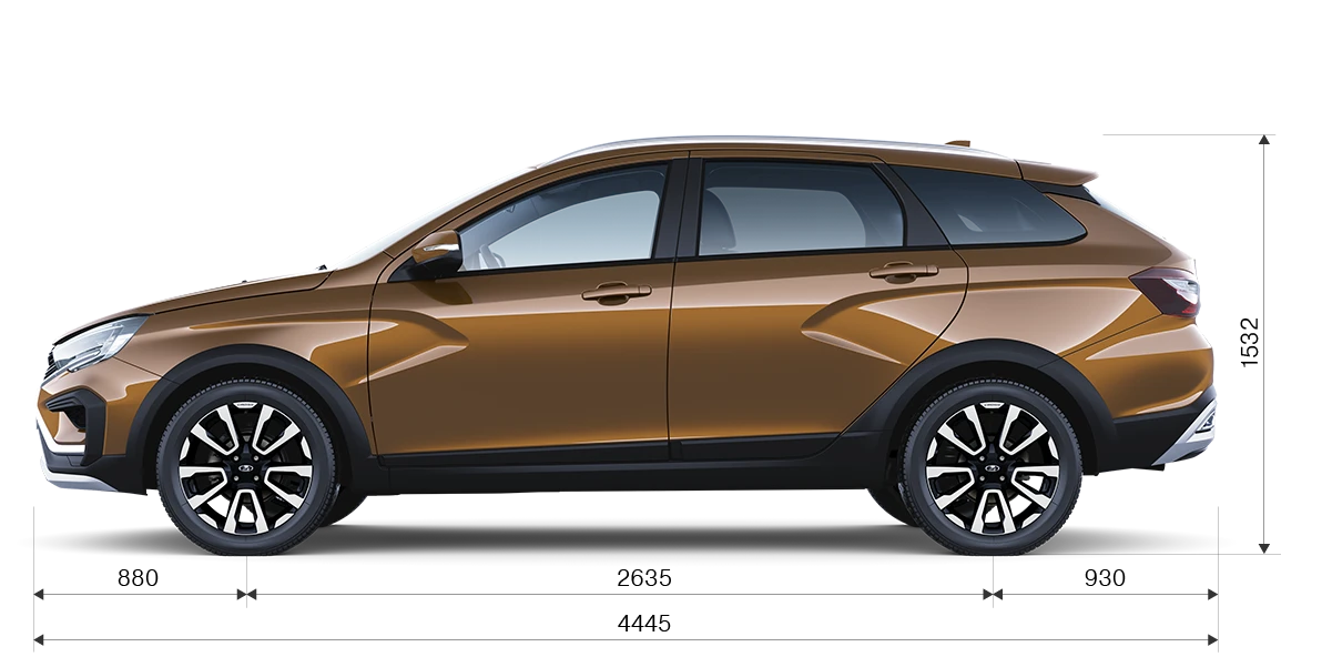Габариты LADA Vesta SW Cross сбоку: длина 4445 мм, высота 1532 мм, колёсная база 2635 мм